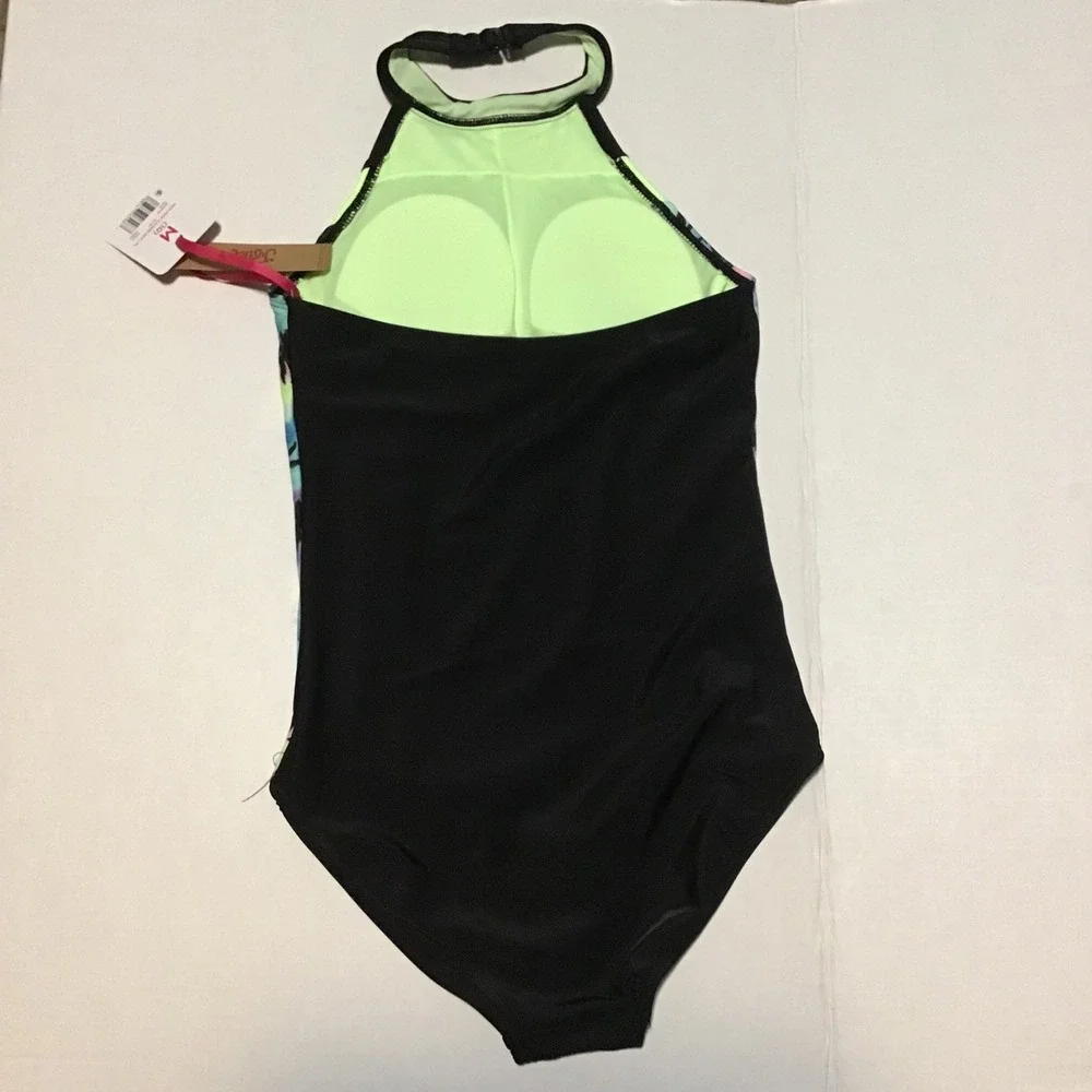 Justice Girls Black Neon Green Palm Tree High Neck One Piece Swimsuit Size 10 M